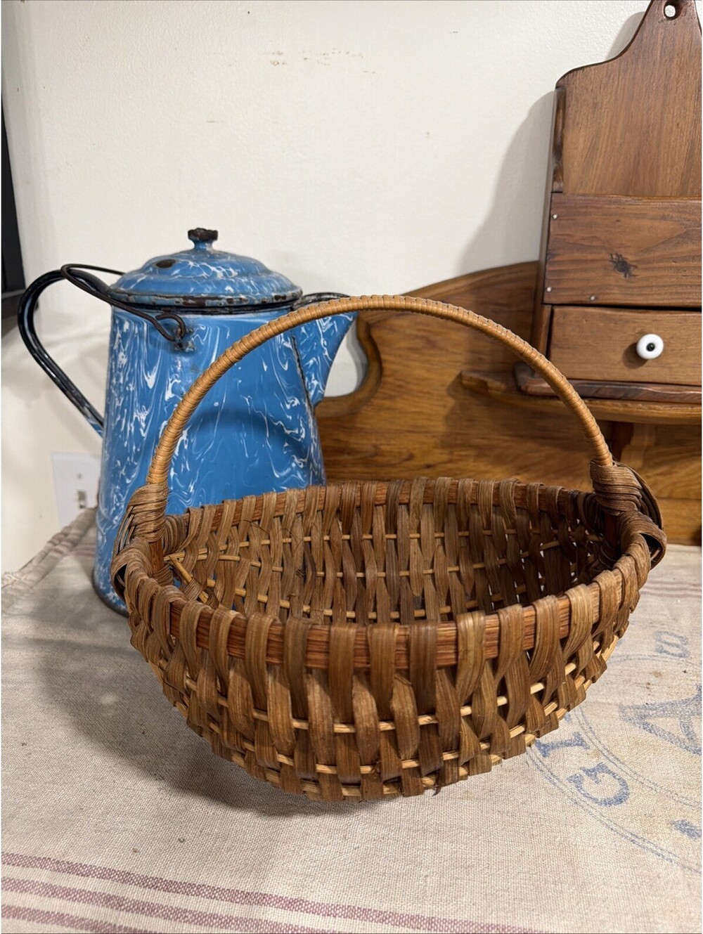 VTG Hand Woven Round Bottom Splint Gathering Basket 10” Primitive Farm Country